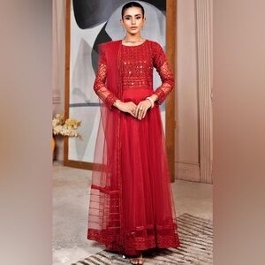 traditional style maxi with viscose trouser and net dupatta in maroon colour